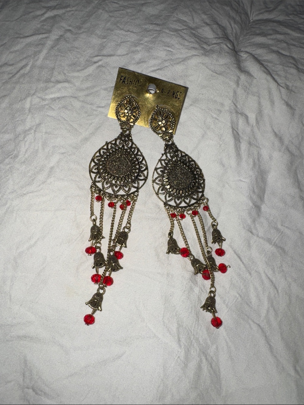 Bohemian Filigree Dangle Earrings with Red Beads -